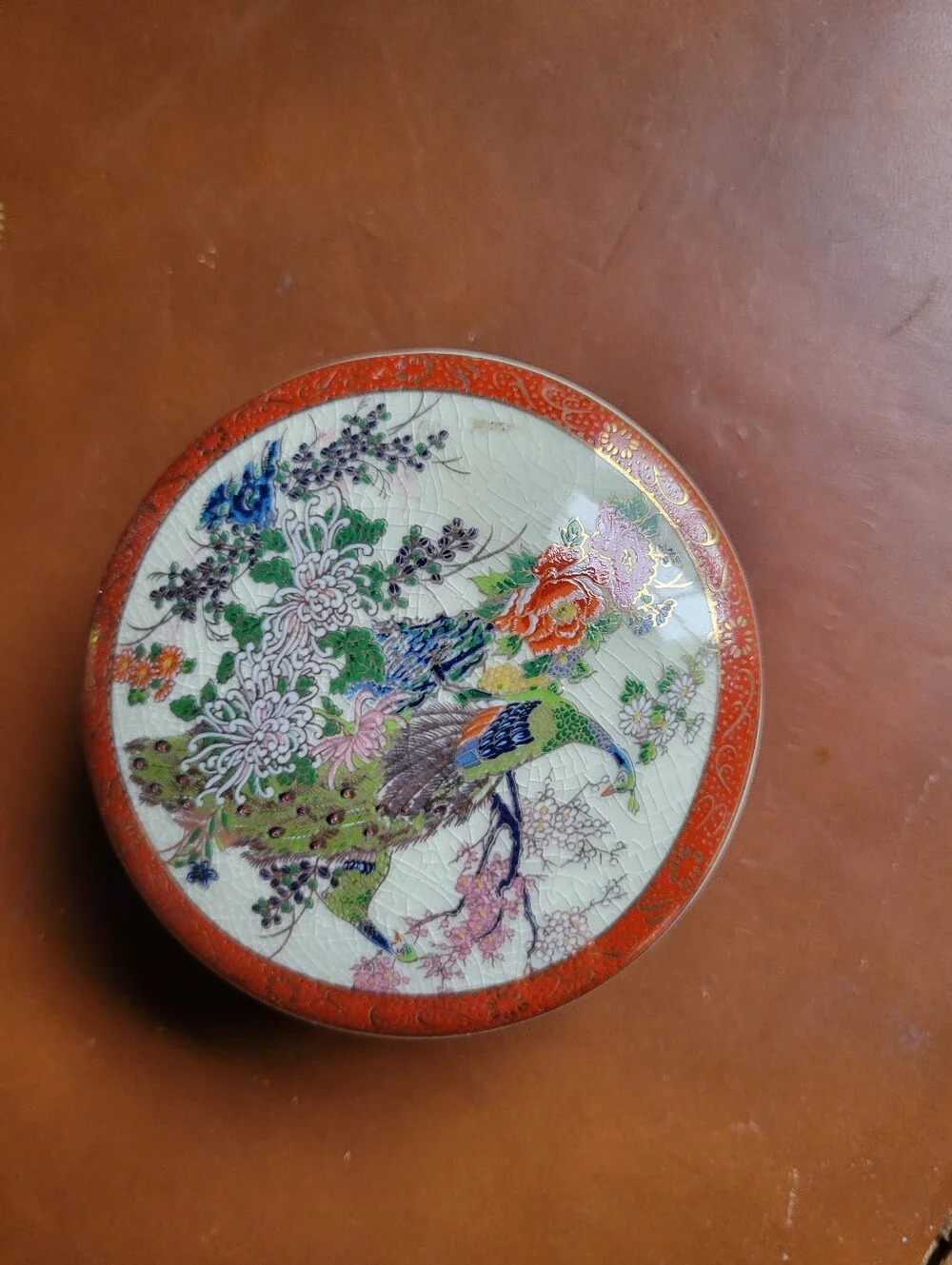 Vintage Japanese Satsuma Trinket Box Peacock Red Gold 3 3/4 in. diameter